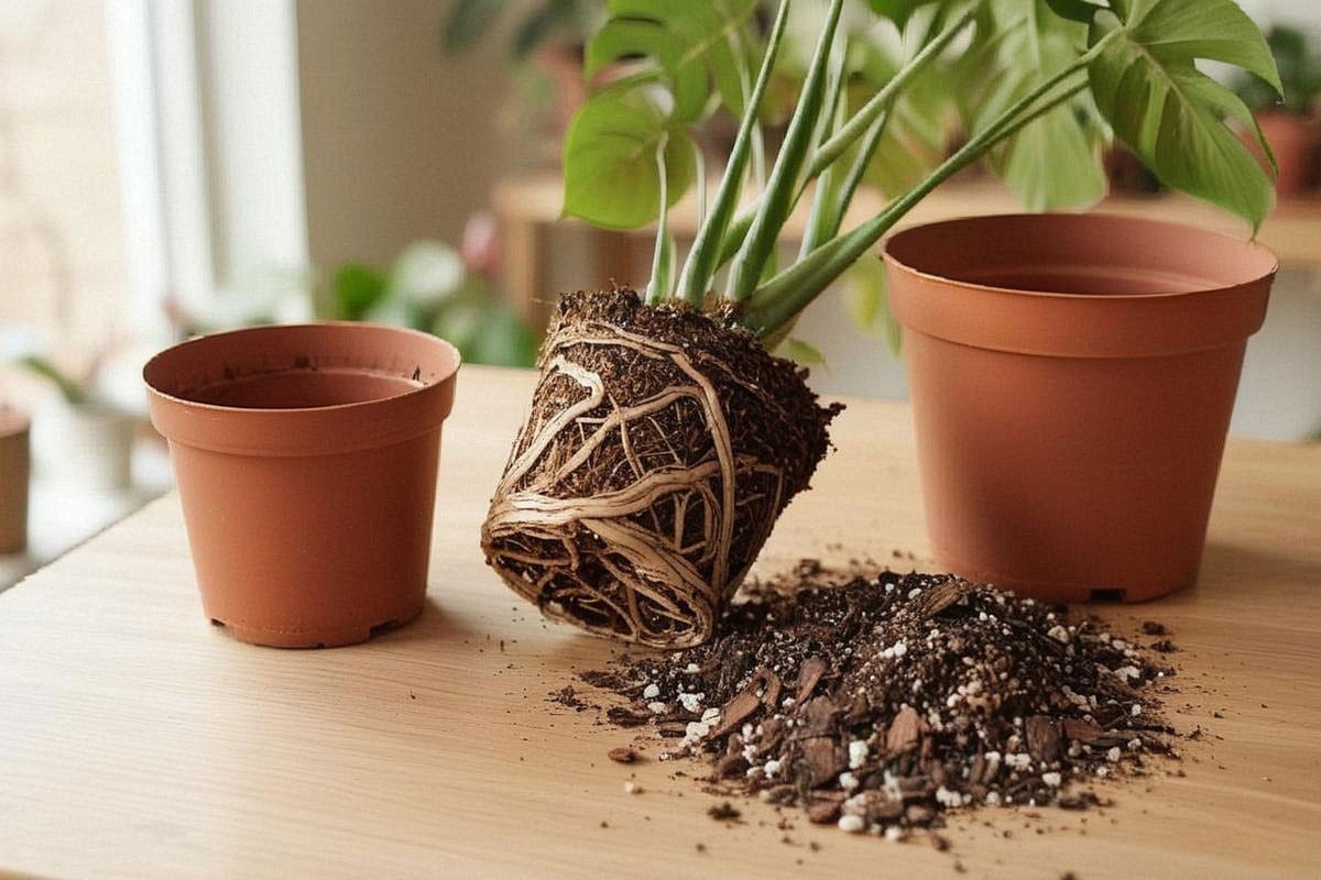 Monstera retiré de son pot montrant une motte bien racinée mais saine, posé à côté d’un nouveau contenant seulement quelques centimètres plus large et d’un substrat très aéré
