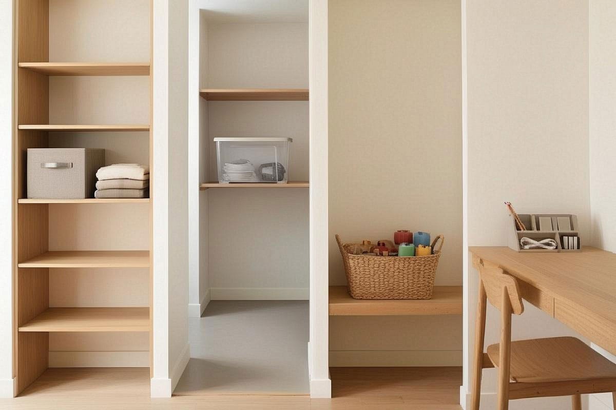 Montage harmonieux montrant une boîte en tissu dans un dressing, un bac transparent au garage, un panier ouvert dans une chambre d’enfant et une petite boîte compartimentée sur un bureau