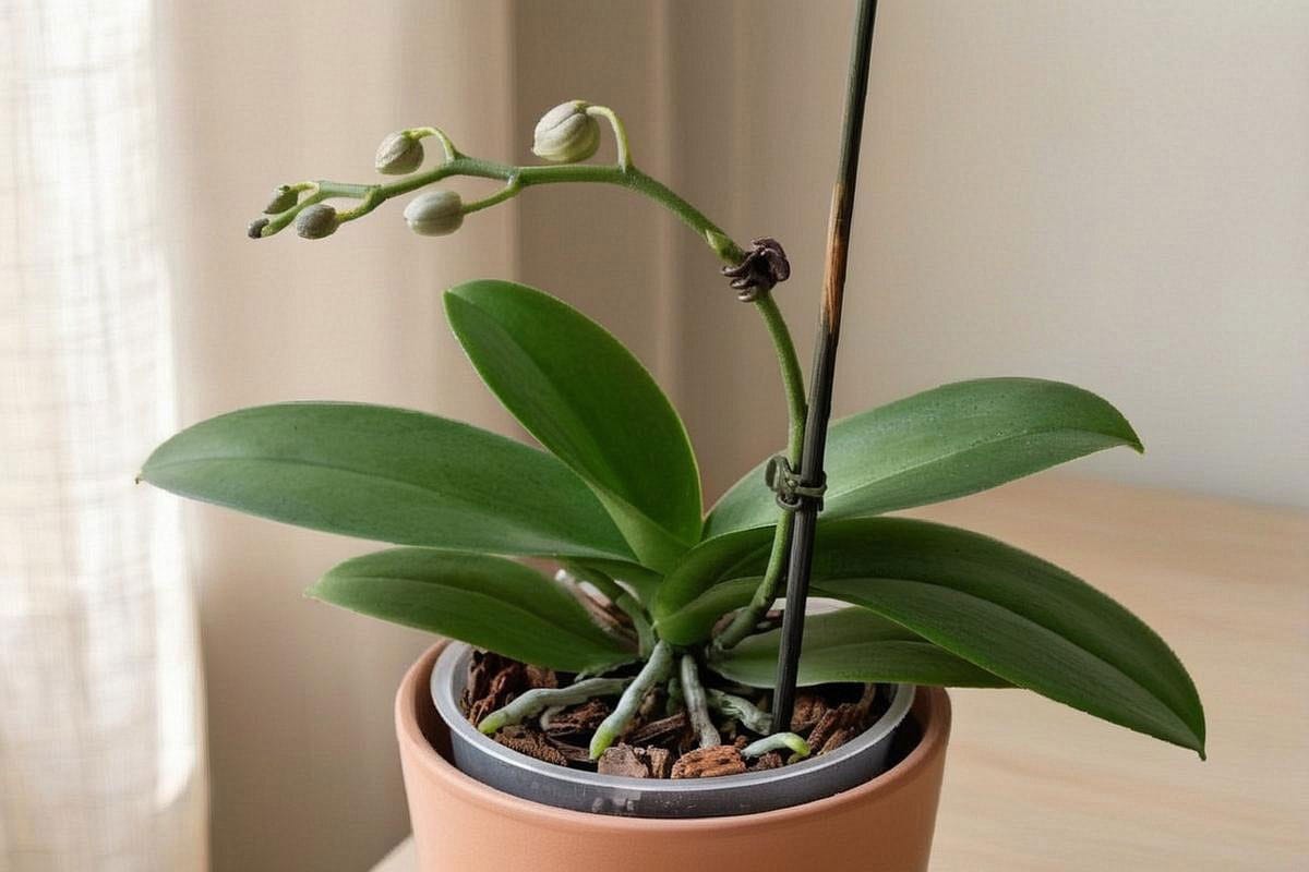 Nouvelle hampe de Phalaenopsis d’environ 20 cm fixée délicatement à un tuteur, avec plusieurs boutons encore fermés et feuilles adultes en parfait état autour de la base