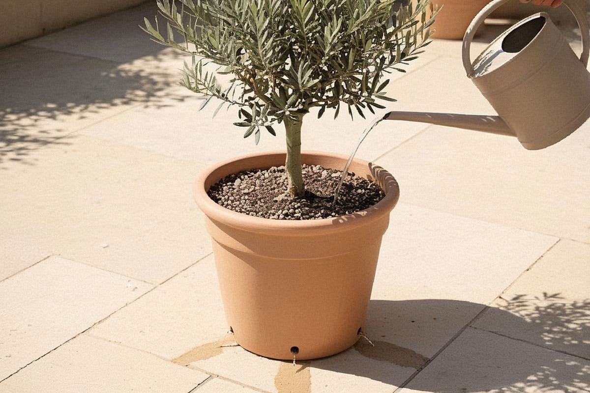 Olivier en grand bac percé arrosé lentement au pied, eau s’écoulant librement sous le contenant sans soucoupe pleine, sur une terrasse exposée au soleil