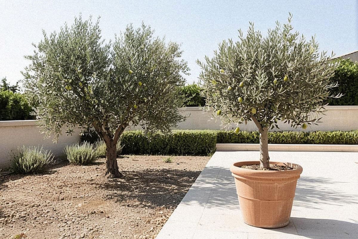 Olivier mature en grand bac sur terrasse avec feuillage dense et quelques olives visibles, placé en plein soleil près d’un second arbre cultivé directement dans le jardin