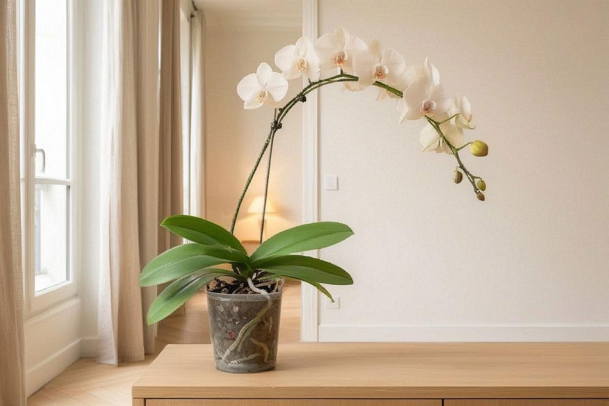 Orchidée Phalaenopsis arrivée au stade final avec longue hampe arquée portant une dizaine de fleurs et plusieurs boutons, racines saines visibles dans un pot transparent