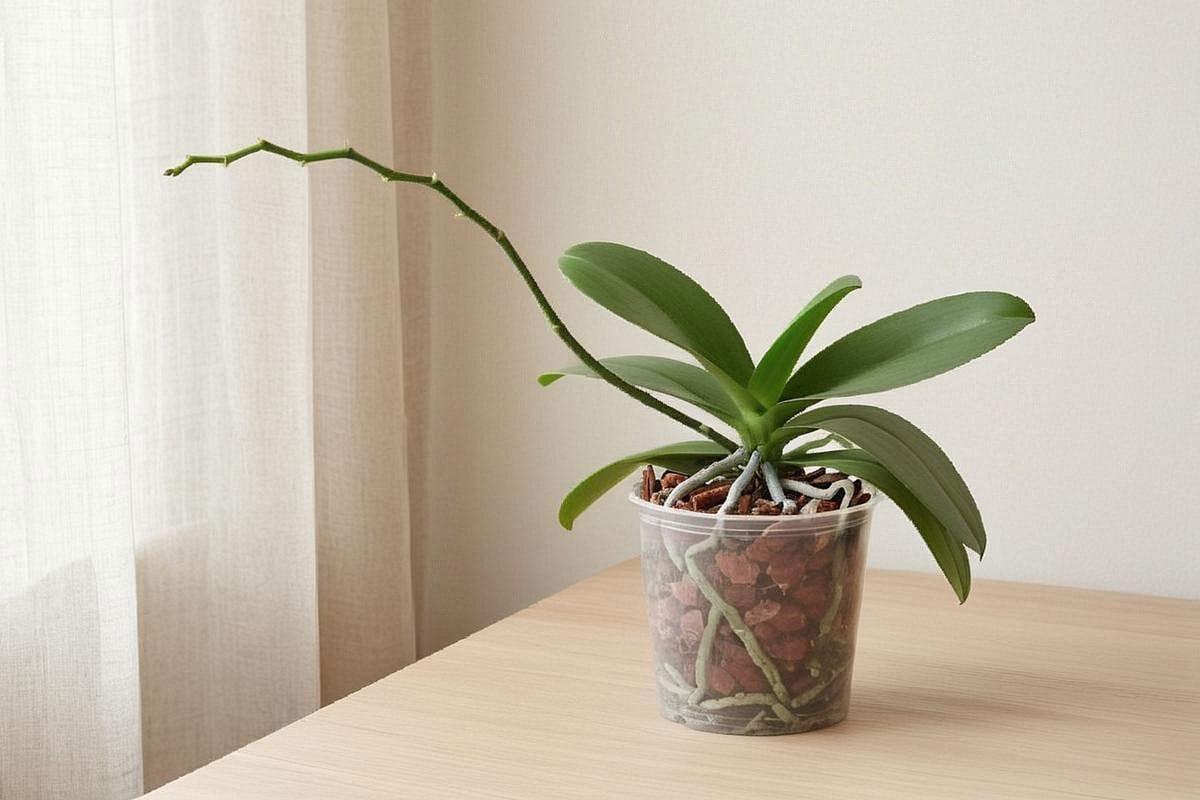 Orchidée Phalaenopsis juste après floraison avec feuilles vertes, racines visibles dans un pot transparent et ancienne hampe encore verte, installée sur une table près d’une fenêtre voilée