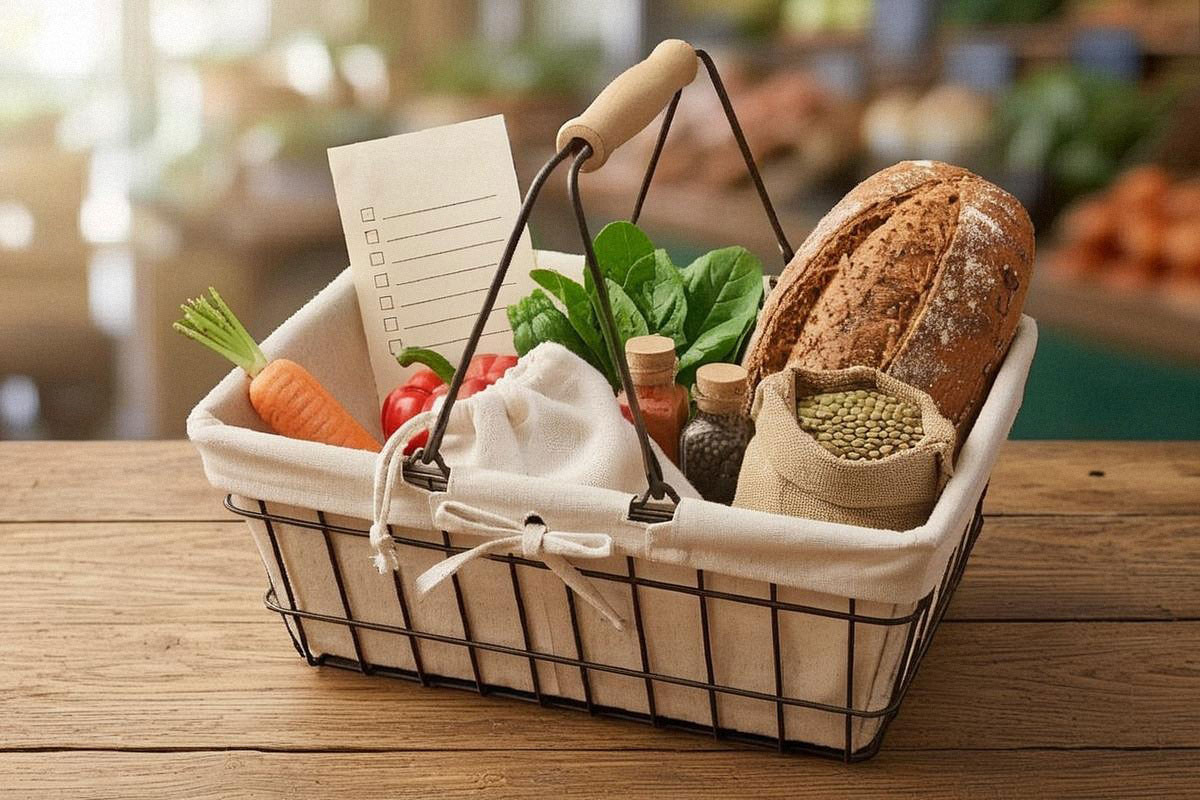 Panier de courses mêlant liste papier très organisée, légumes de saison, petits pots d’épices du monde et ingrédients destinés à un grand dîner entre proches