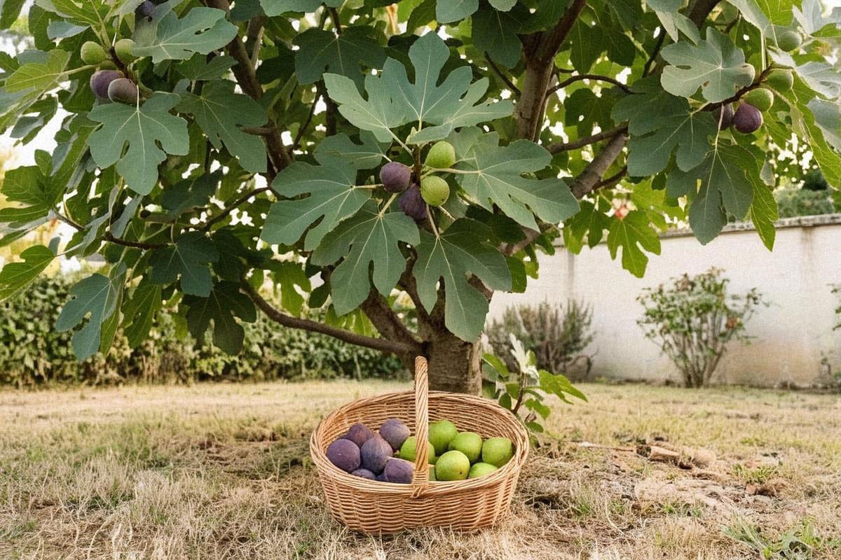 Panier de figues violettes et vertes fraîchement récoltées posé sous un figuier adulte, avec plusieurs fruits mûrs encore visibles parmi les grandes feuilles découpées