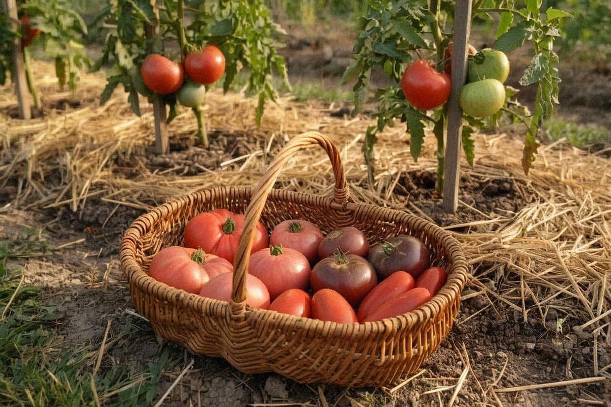 Panier de récolte contenant ‘Marmande’, ‘Rose de Berne’, ‘Noire de Crimée’ et ‘Roma’ parfaitement mûres, posé au bord du potager près de plants encore chargés