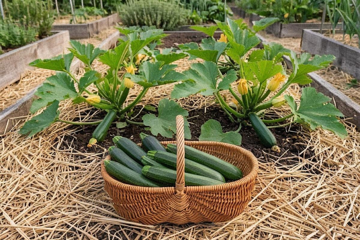 Panier rempli de courgettes de 15 à 20 cm fraîchement récoltées devant deux pieds encore productifs, avec paillage, fleurs jaunes et jeunes fruits en formation