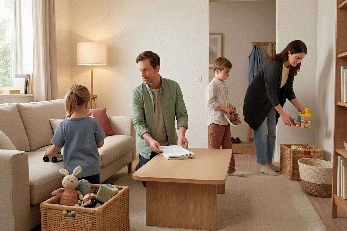 Parents et enfants effectuant ensemble un rangement rapide du salon, chacun avec une tâche différente, paniers ouverts et minuteur posé sur une table indiquant dix minutes