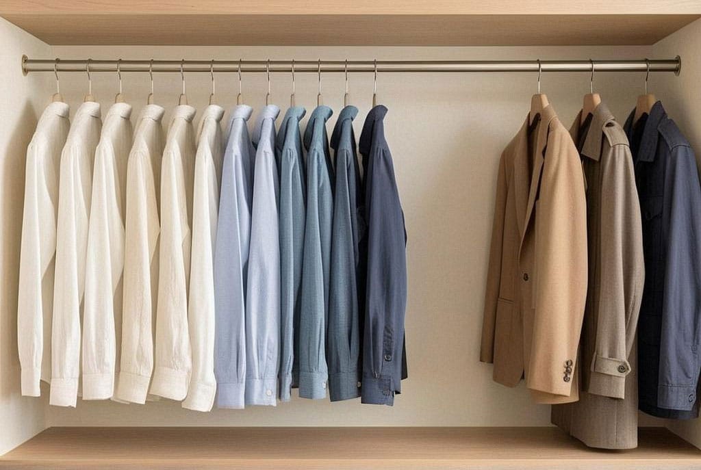 Penderie ordonnée avec cintres fins identiques, chemises classées du blanc au bleu foncé, vestes épaisses sur cintres renforcés et espace visible entre les différentes catégories