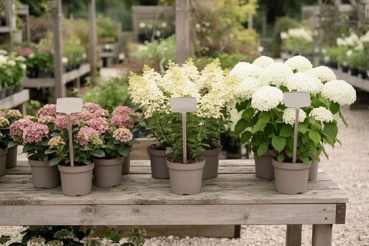 Pépinière avec hortensias macrophylla roses, paniculata blancs et arborescens en pots, étiquettes visibles et plusieurs tailles de sujets permettant de comparer les ports adultes