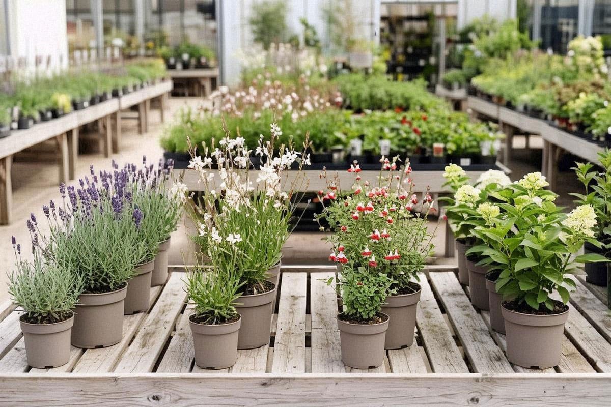 Pépinière extérieure avec rangées de lavandes, gauras, sauges et hortensias en godets, plusieurs tailles disponibles et végétaux compacts montrant des feuillages sains