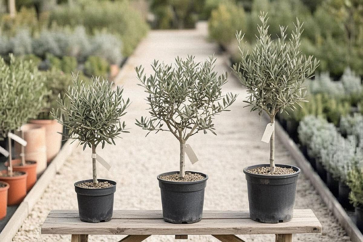Pépinière présentant plusieurs oliviers ‘Aglandau’, ‘Picholine’ et ‘Arbequina’ dans différents formats, avec feuillage gris-vert sain et contenants proportionnés aux arbres