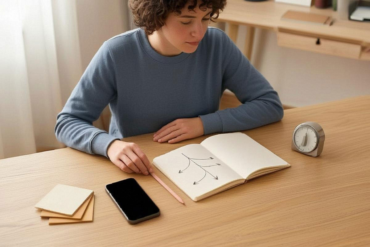 Personne face à quatre chemins symboliques dessinés sur un carnet, avec téléphone, notes et chronomètre illustrant intuition, réflexion, échange et décision rapide