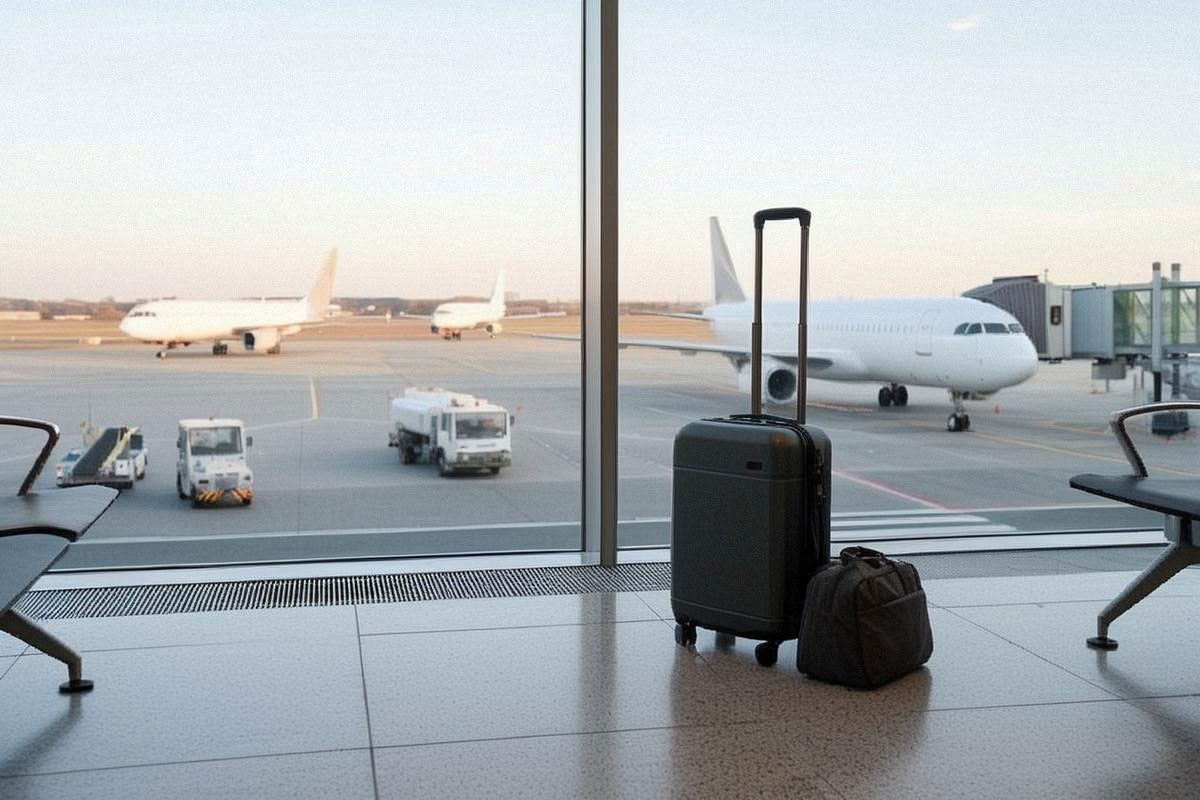 Petit bagage cabine devant une grande baie vitrée d’aéroport avec plusieurs avions européens au départ, lumière matinale et ambiance d’escapade courte sans longue attente