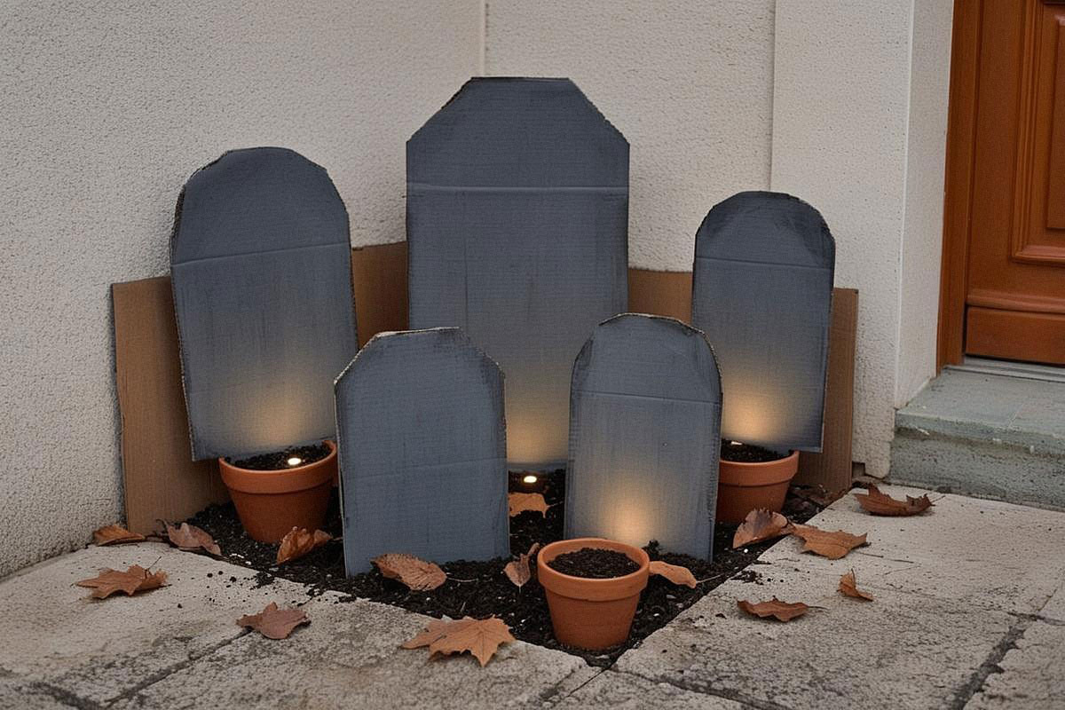 Petit cimetière Halloween fabriqué en carton peint, avec cinq fausses pierres tombales, quelques feuilles mortes et lumières LED discrètes devant une entrée de maison