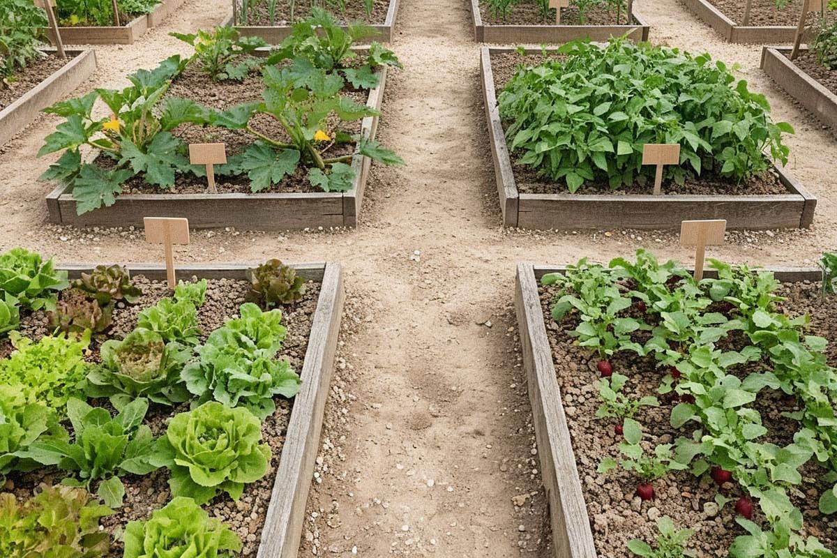 Petit potager de débutant divisé en quatre planches avec laitues, radis, courgettes et haricots, étiquettes simples et larges passages facilitant l’entretien quotidien
