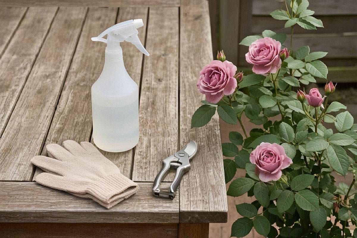 Petit pulvérisateur manuel, gants et sécateur posés sur une table de jardin près d’un rosier, avec seulement quelques outils nécessaires pour une intervention naturelle ciblée
