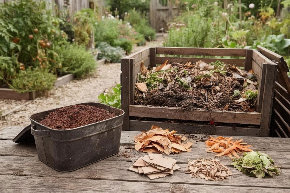 Petit récipient rempli de marc de café sec posé près d’un composteur ouvert, avec feuilles mortes, carton brun et déchets végétaux montrant les matières à mélanger