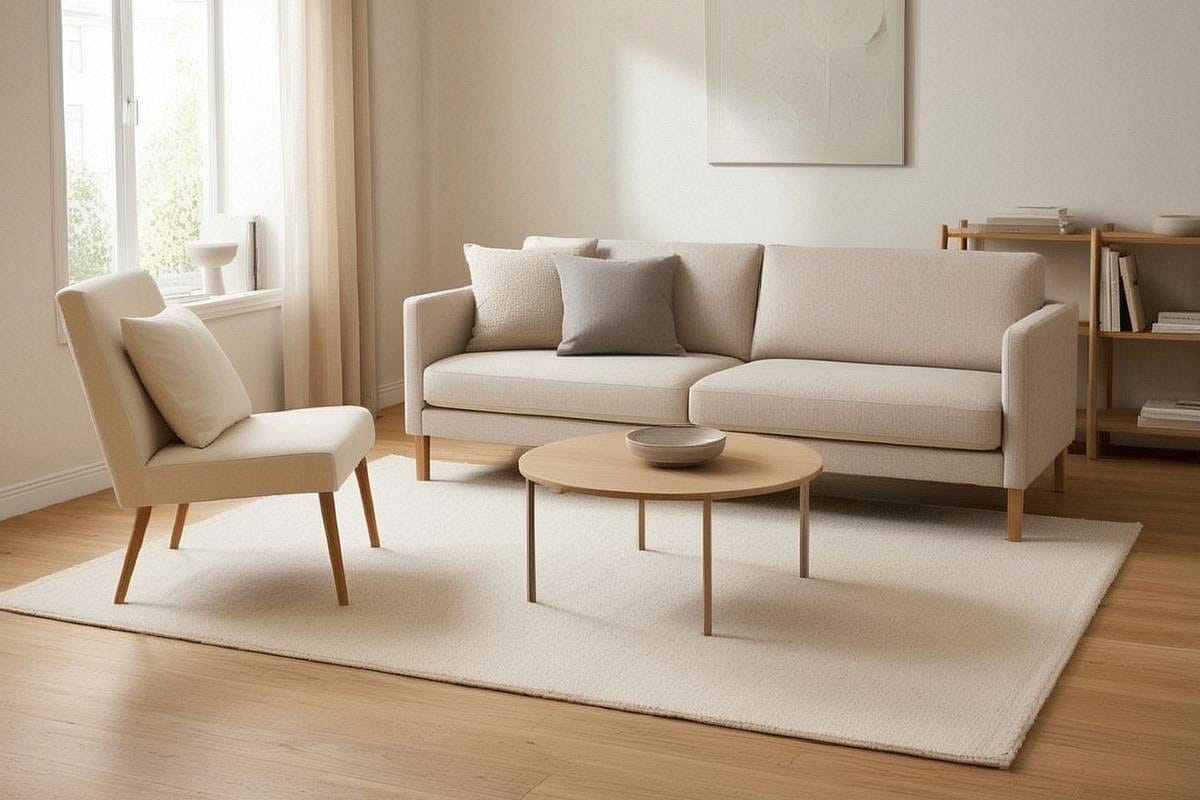 Petit salon avec grand tapis crème passant sous les pieds avant du canapé et du fauteuil, table basse ronde légère et parquet restant visible sur le pourtour