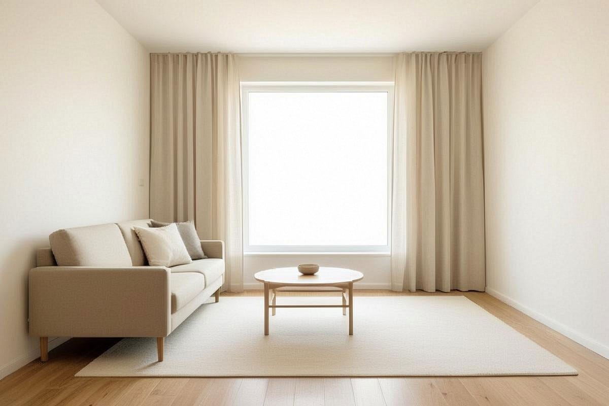 Petit salon de 12 m² avec canapé beige compact, tapis clair de grande taille, table basse ronde, rideaux posés au plafond et fenêtre totalement dégagée pour accentuer la profondeur