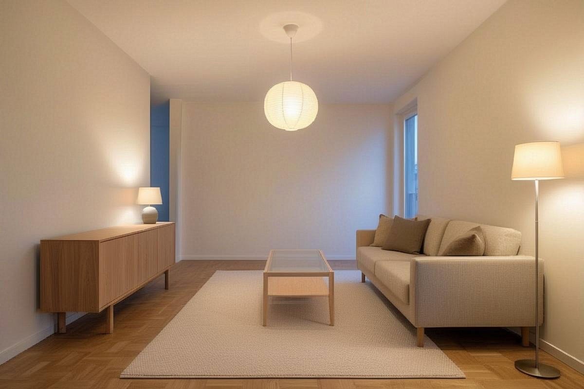 Petit salon en soirée avec suspension douce, lampadaire dans un angle et lampe sur buffet, murs clairs éclairés indirectement et mobilier compact laissant des passages visibles
