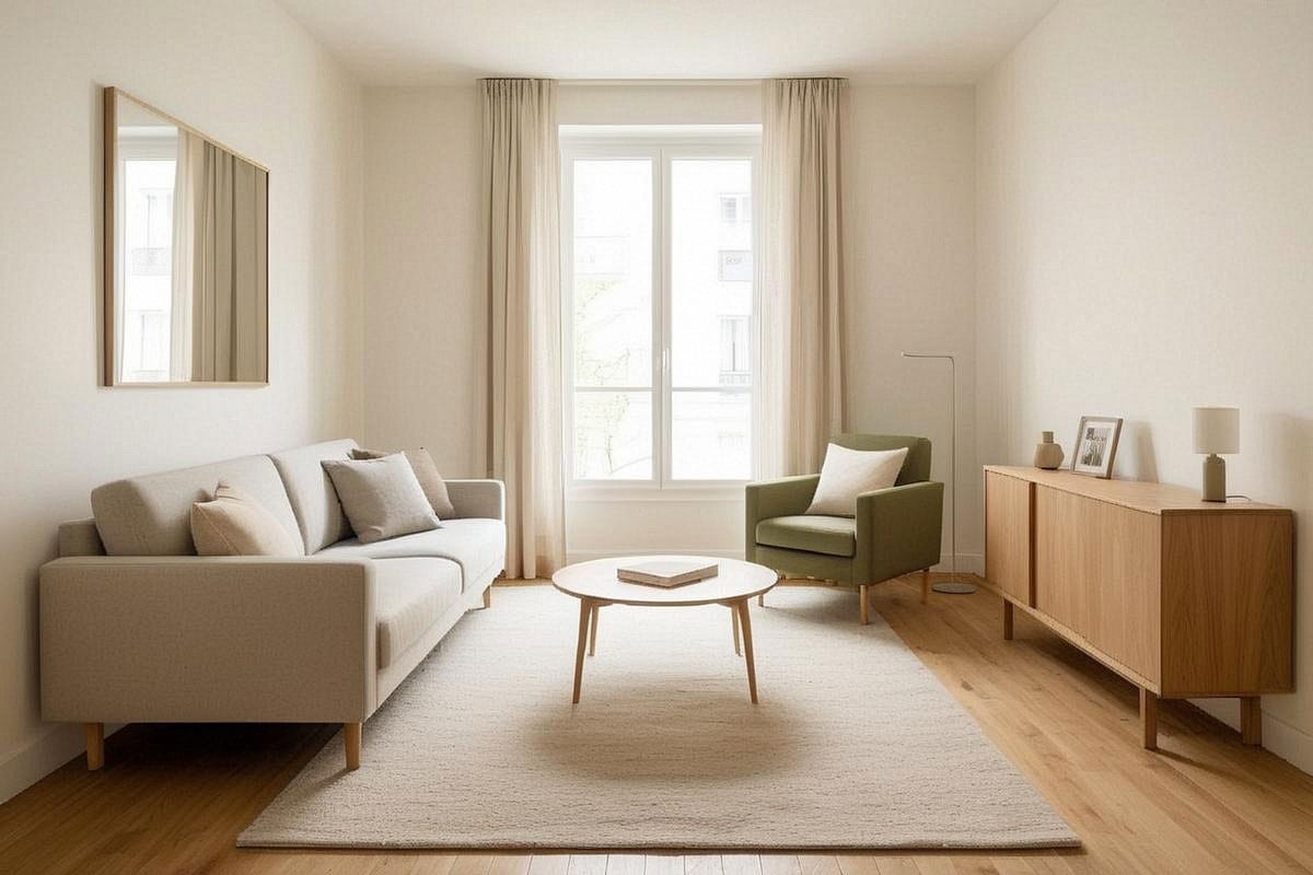 Petit salon équilibré avec meuble bas en bois, canapé clair, fauteuil vert olive, grand tapis beige et zones de sol visibles, illustrant un contraste maîtrisé sans accumulation