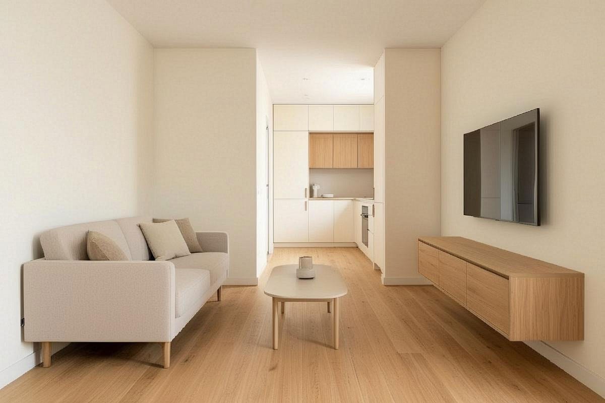 Petit séjour ouvert sur une cuisine avec parquet continu, meuble TV suspendu, canapé sur pieds et circulation dégagée, sans rupture de revêtement entre les deux espaces