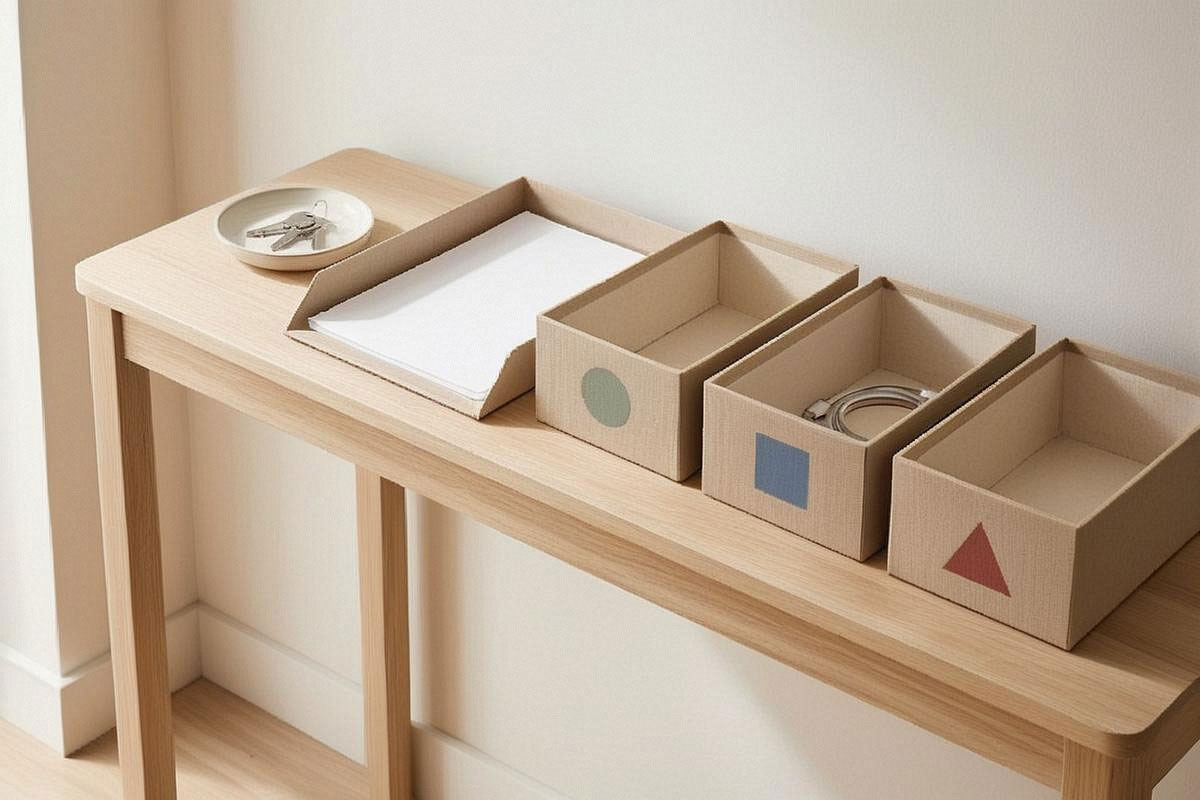 Petite console d’entrée avec vide-poche pour les clés, bannette A4 dédiée aux papiers scolaires et trois boîtes ouvertes identifiées pour les objets quotidiens