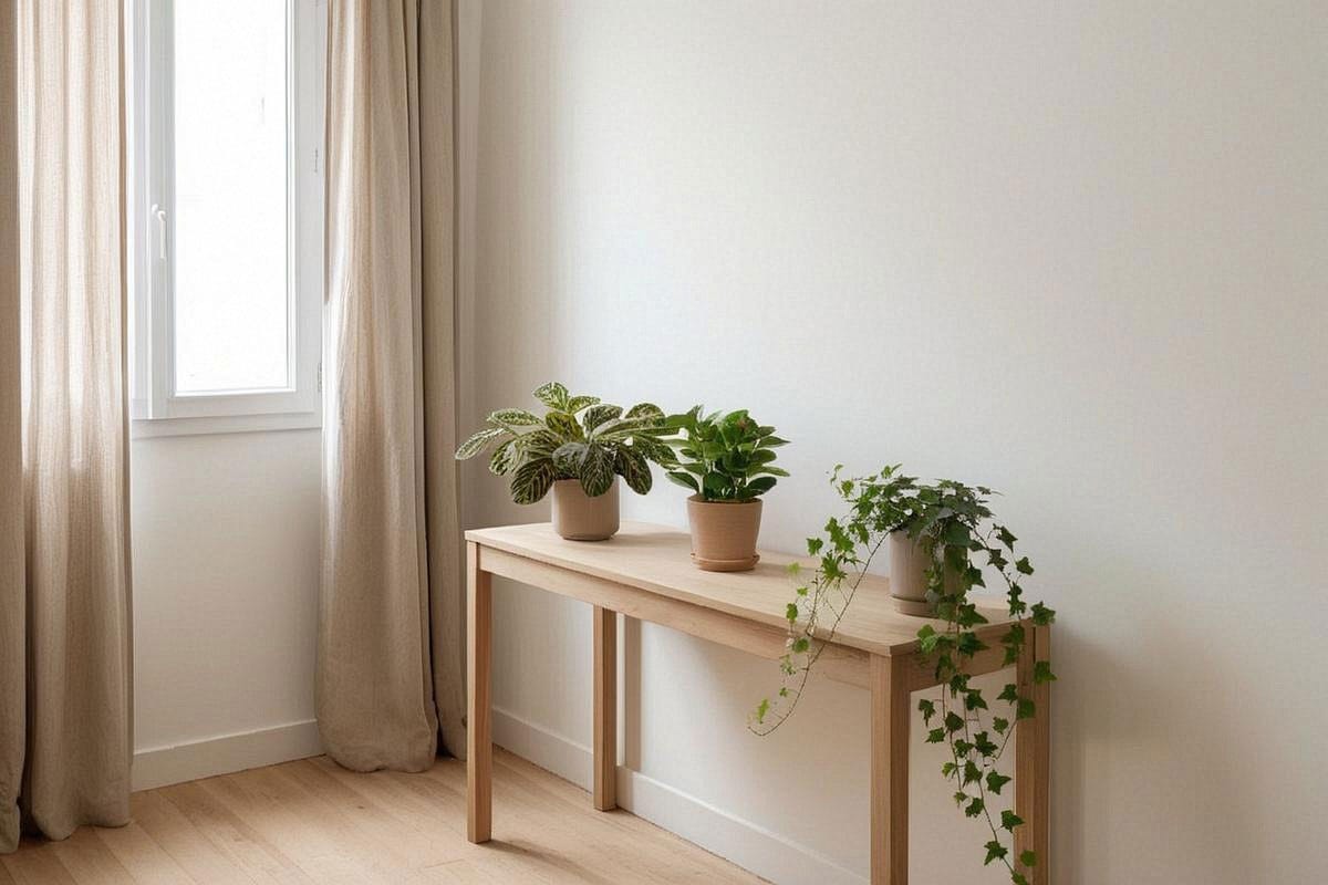 Petite pièce fraîche orientée nord avec lierre retombant, peperomia compact et maranta posé sur une console, feuillages variés sans aucune plante exposée au soleil direct