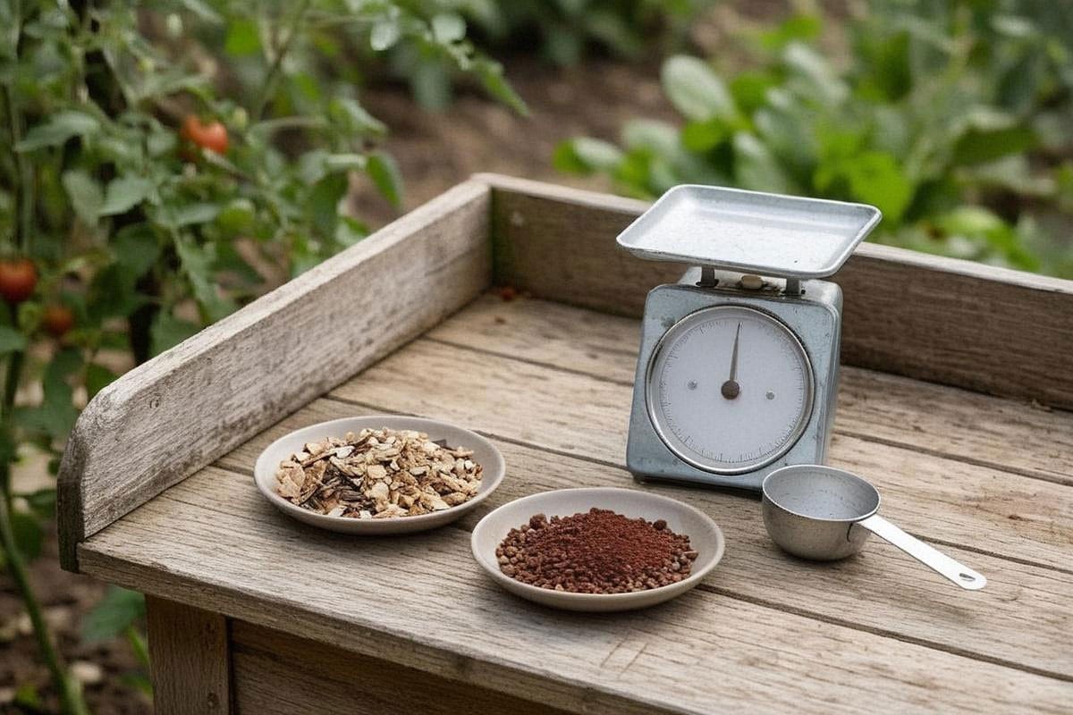 Petite quantité de corne broyée et de sang séché présentée à côté d’une balance de jardin, illustrant des dosages mesurés plutôt que de grosses poignées versées au hasard