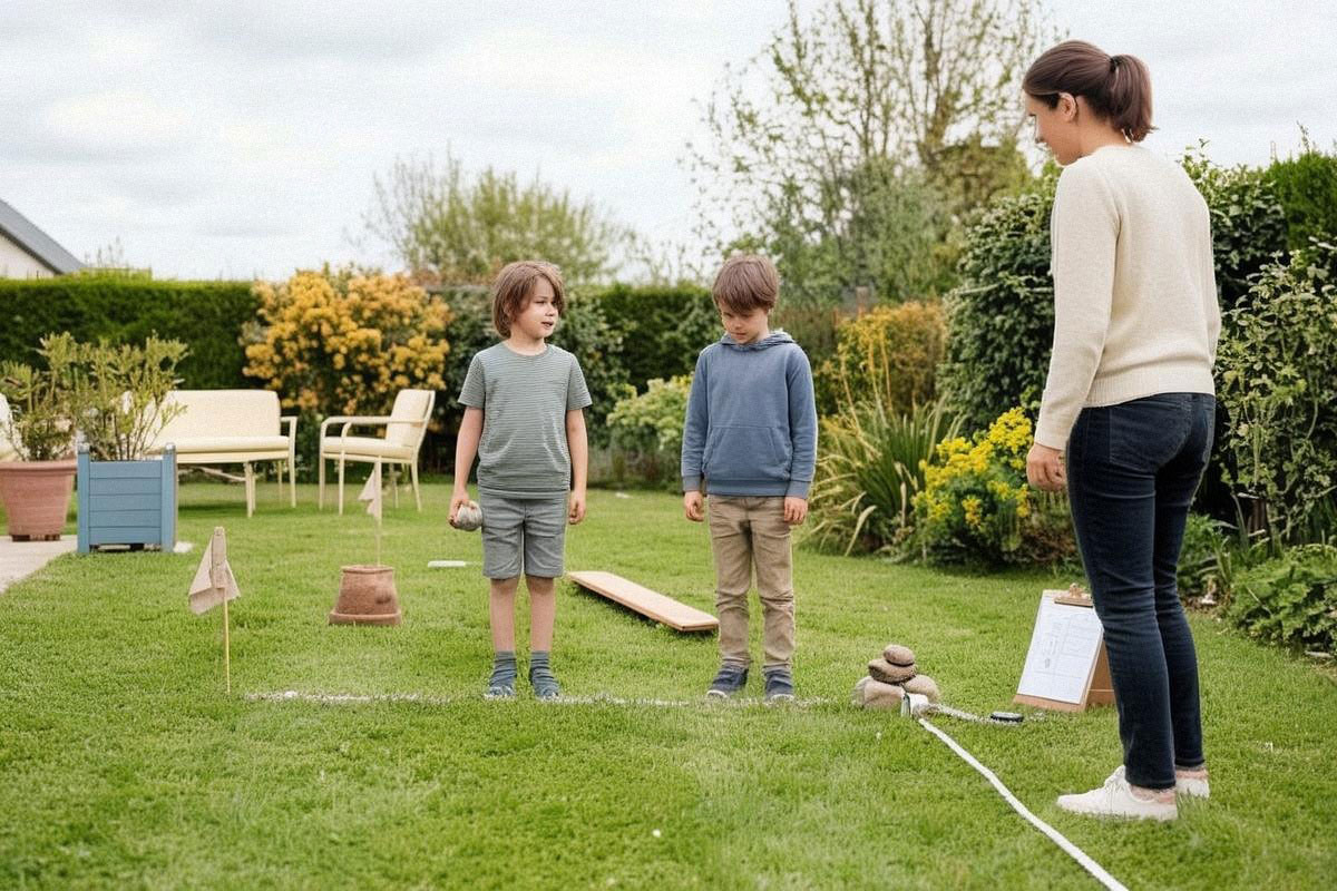 Petits Jeux olympiques familiaux dans un jardin avec ligne de départ tracée à la craie, ballon, plots improvisés et enfants attendant leur tour dans une ambiance détendue