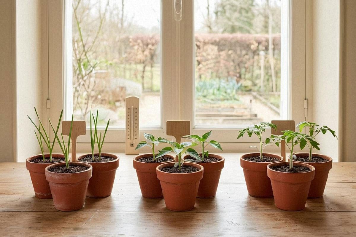 Petits godets étiquetés tomates, poivrons et poireaux disposés devant une fenêtre lumineuse, avec jeunes pousses compactes et thermomètre indiquant environ 20 °C