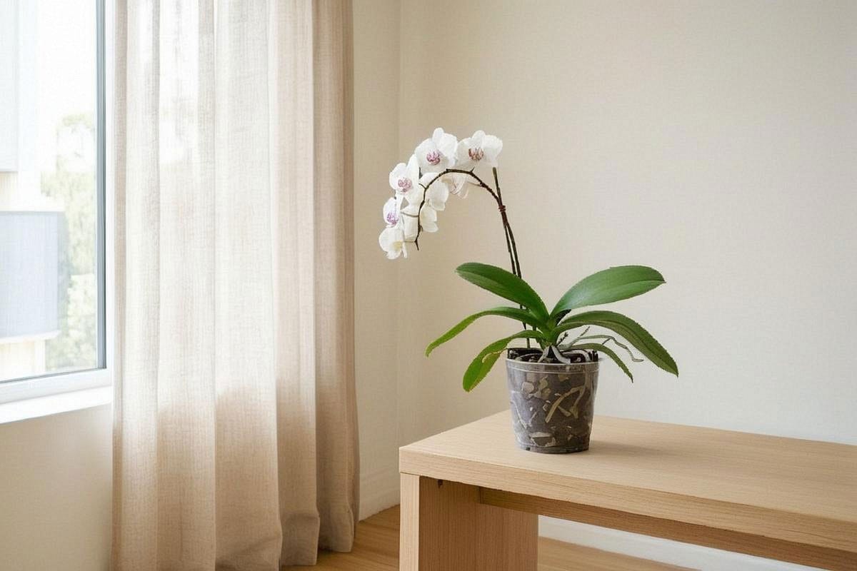 Phalaenopsis placé à environ 70 cm d’une fenêtre orientée est, lumière diffuse sur les feuilles et voilage léger permettant de distinguer clairement l’emplacement idéal