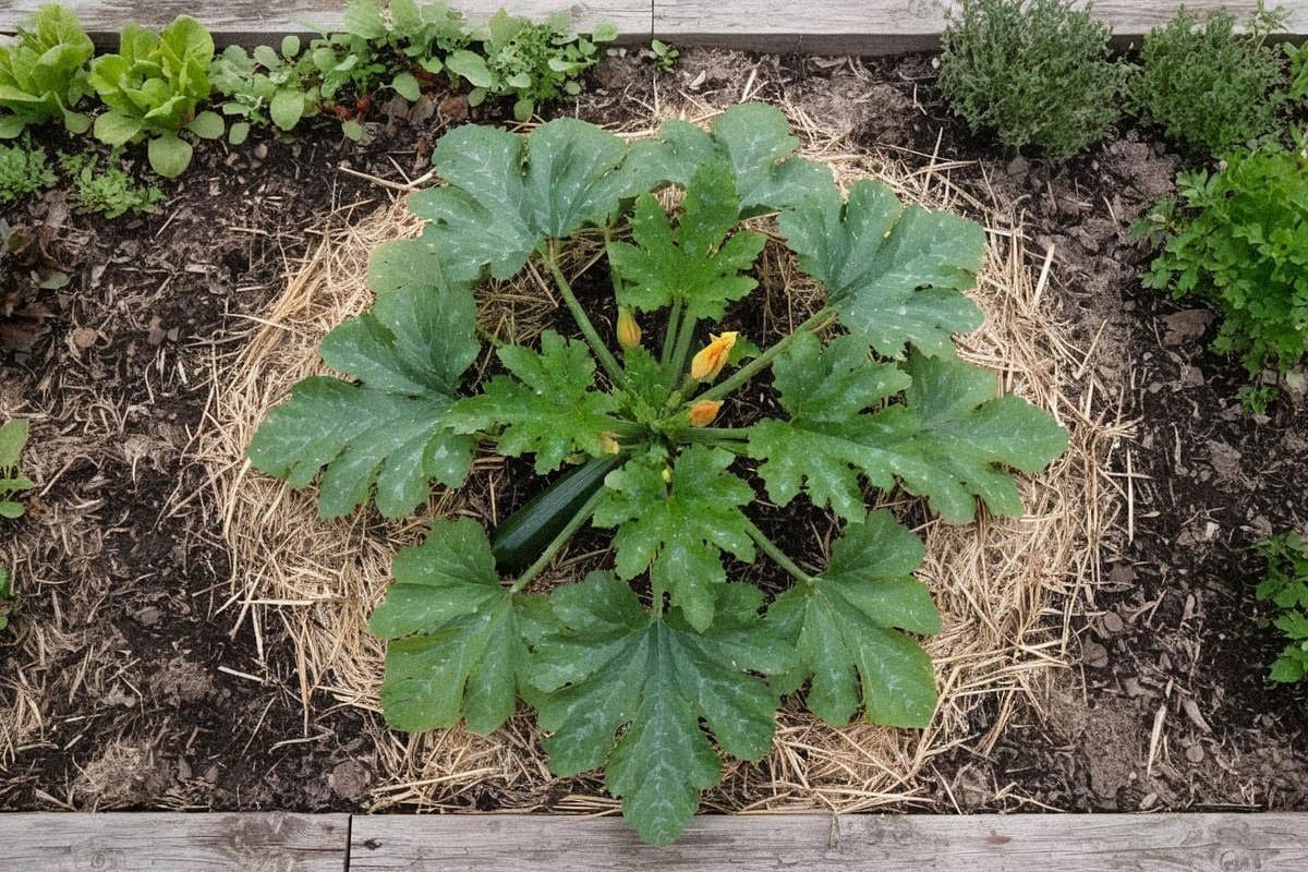 Pied adulte de courgette occupant environ un mètre de largeur, photographié de dessus avec feuilles largement étalées et espace libre visible autour des cultures voisines