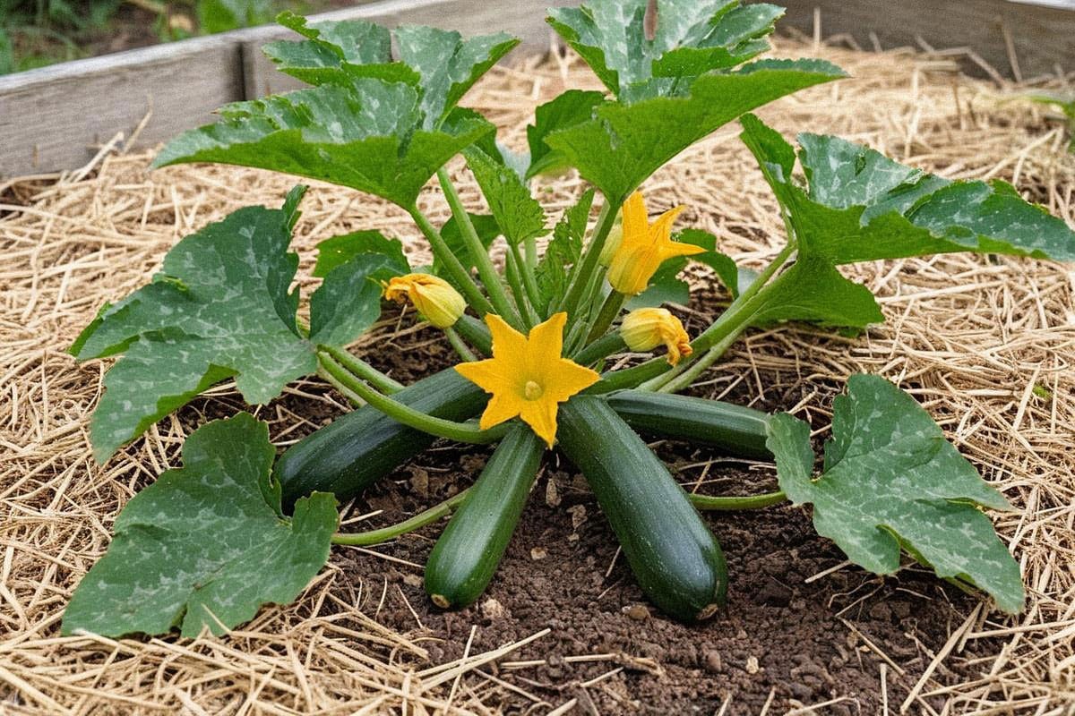 Pied de courgette adulte très productif dans un potager paillé, avec plusieurs fruits de 15 à 20 cm visibles sous le feuillage et fleurs jaunes ouvertes