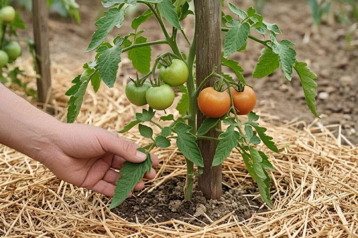 Pied de tomate sain observé de près avec grappes vertes, quelques fruits rougissants et feuillage aéré, tandis qu’une main inspecte les feuilles inférieures près du paillage