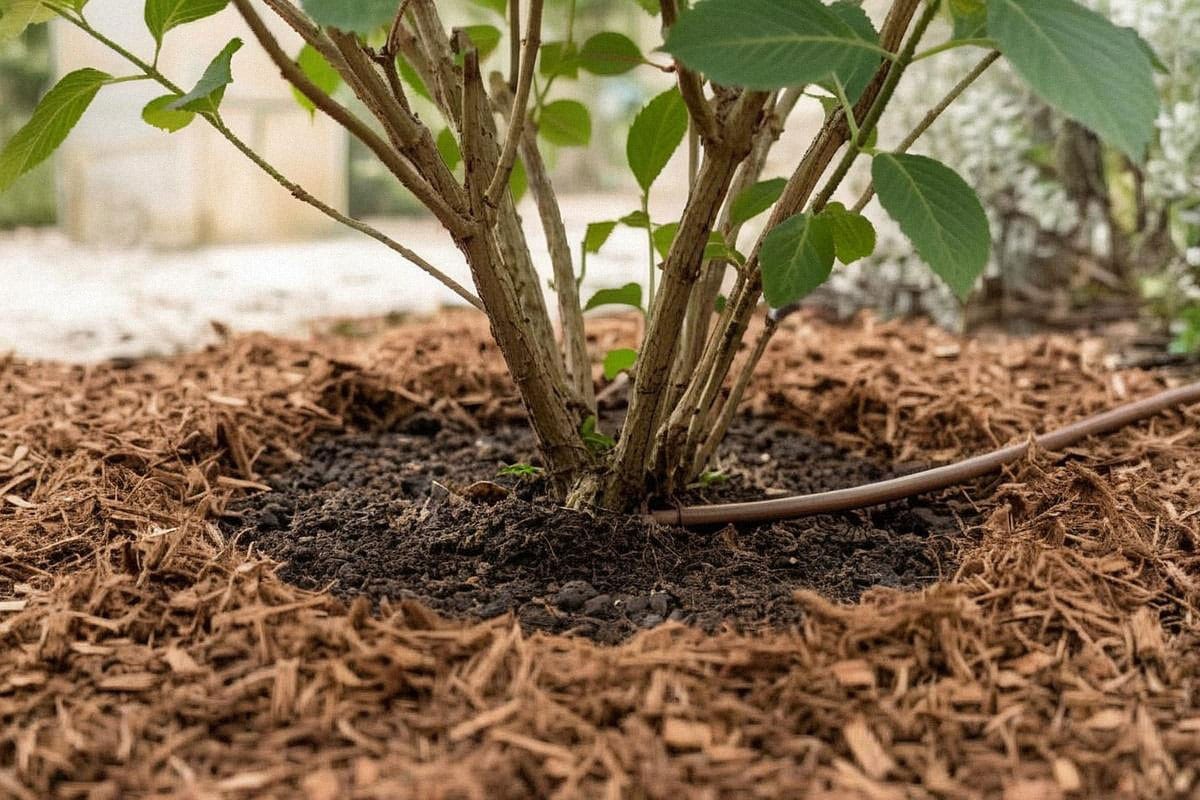 Pied d’hortensia entouré d’une couche régulière de broyat végétal de plusieurs centimètres, avec base des tiges laissée dégagée et tuyau d’arrosage posé au sol