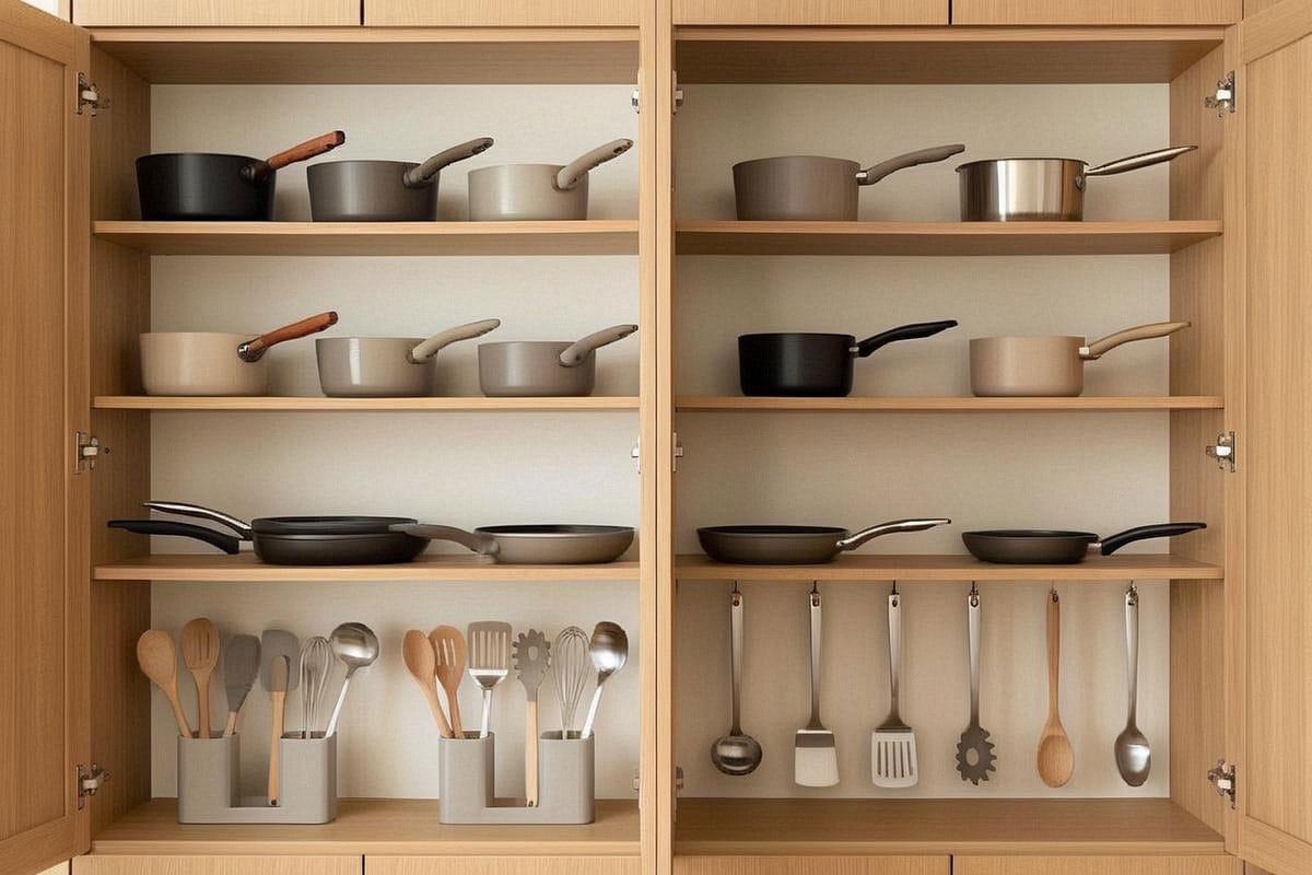 Placard de cuisine avant tri avec nombreux doublons, puis version allégée montrant deux poêles, quatre casseroles et des ustensiles espacés, sans aspect vide ou artificiel
