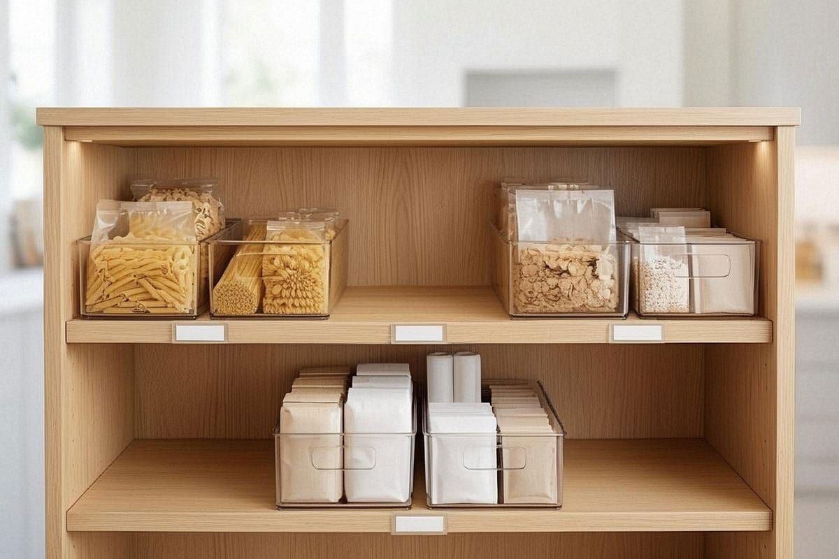 Placard de cuisine clair avec bacs transparents peu profonds regroupant pâtes, produits de petit-déjeuner et pâtisserie, avec étiquettes discrètes et espace laissé libre entre les catégories