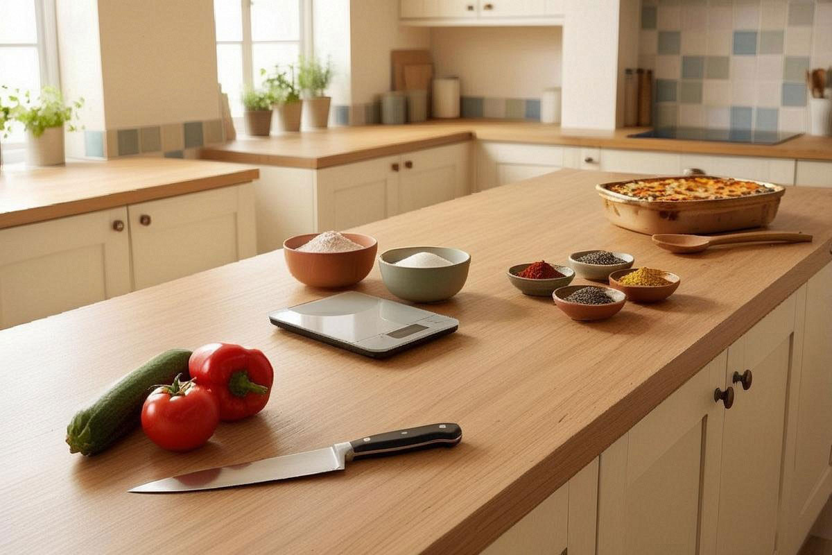 Plan de travail divisé en quatre univers culinaires avec légumes à improviser, balance précise, épices du monde et grand plat familial prêt à être partagé