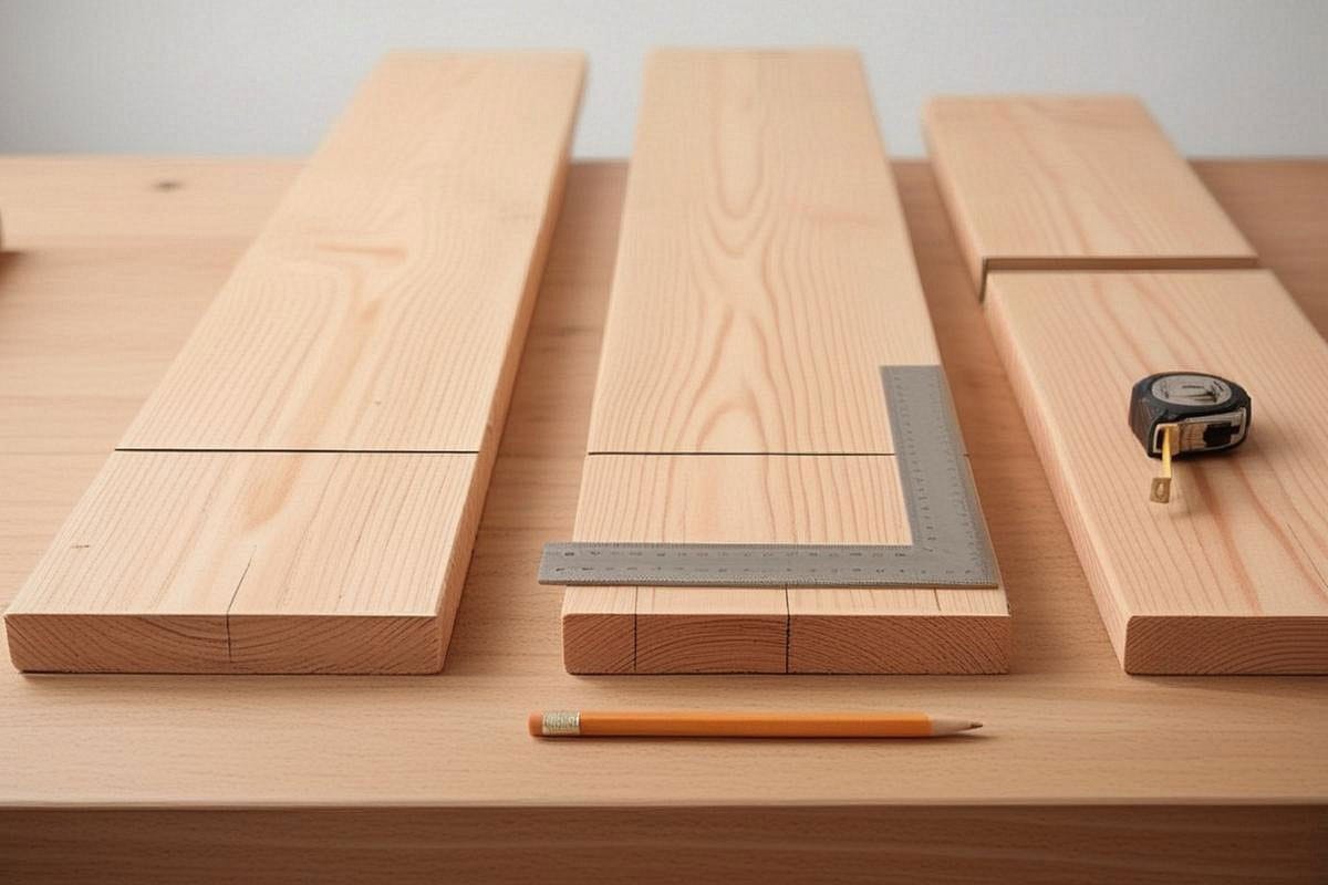 Planches découpées aux dimensions identiques posées sur un établi, avec équerre métallique, crayon et mètre ruban montrant des traits de coupe précis à angle droit