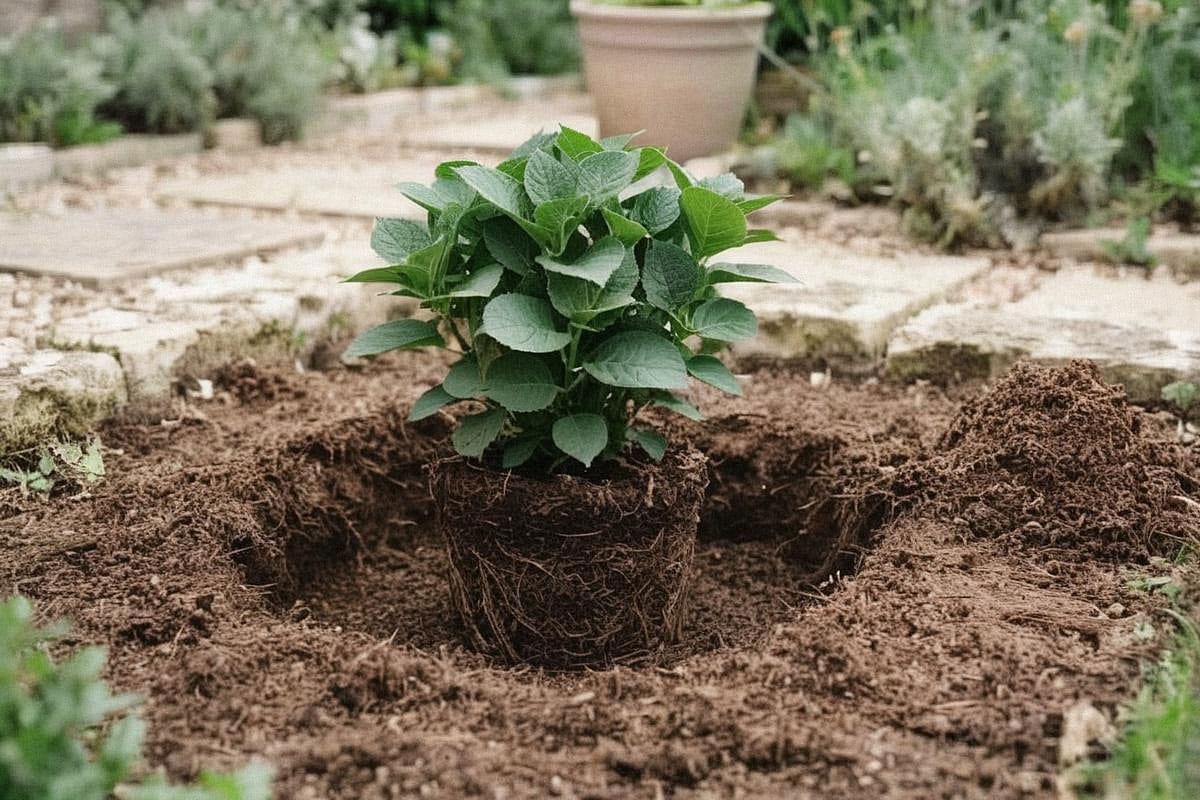 Plantation d’un jeune hortensia dans un large trou de terre ameublie, avec compost mûr mélangé au sol et motte positionnée légèrement au-dessus du niveau du terrain