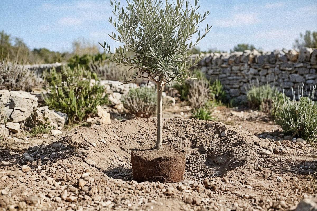 Plantation d’un jeune olivier sur une petite butte drainante, avec motte positionnée légèrement au-dessus du terrain et terre caillouteuse largement ameublie autour
