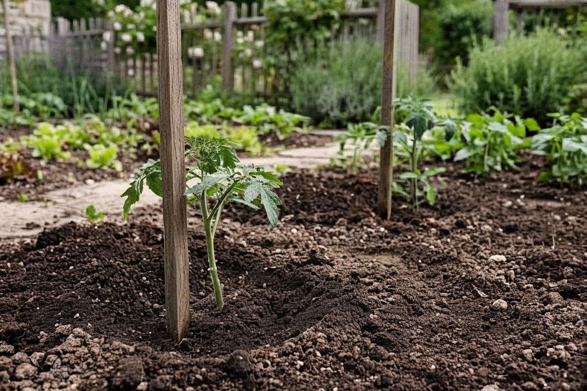 Plantation d’un jeune pied de tomate profondément dans une terre enrichie, tuteur déjà installé, feuilles basses retirées et espace généreux avec le plant voisin