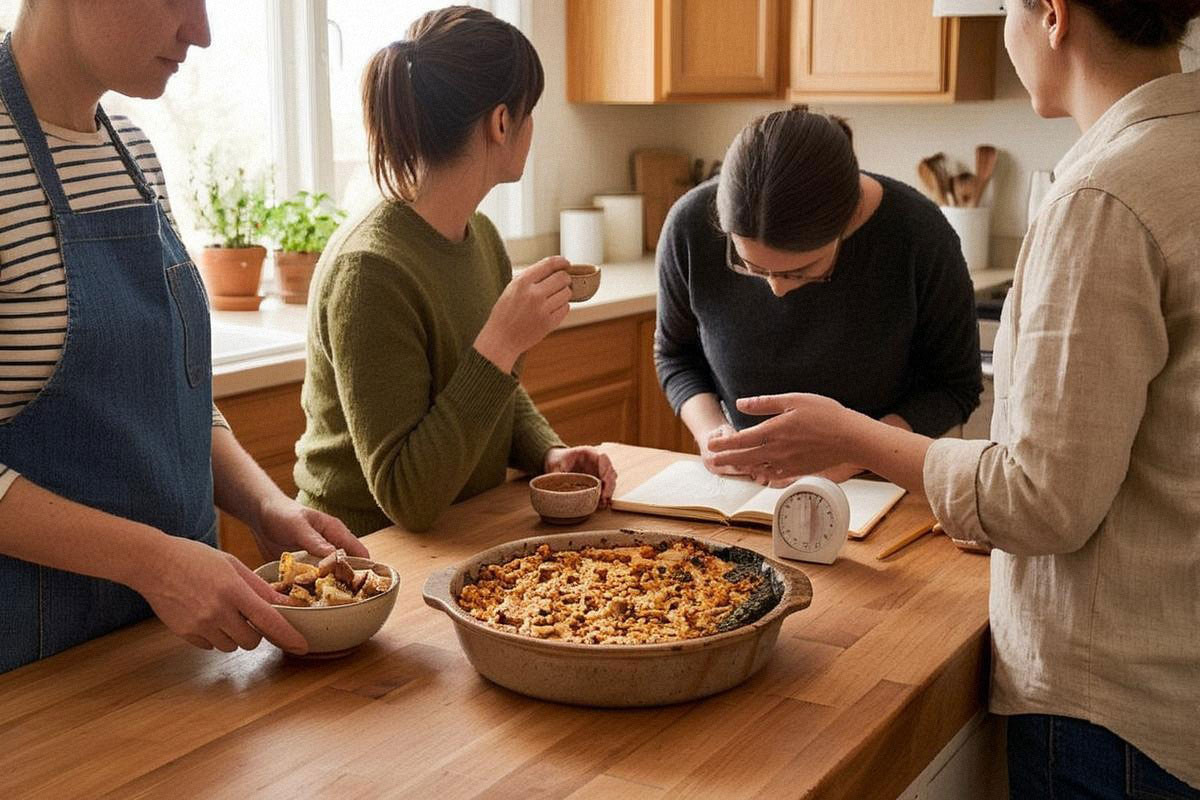 Plat imparfait sur un plan de travail avec carnet de notes, croûtons récupérés et plusieurs personnes souriantes, illustrant différentes réactions face à une recette ratée
