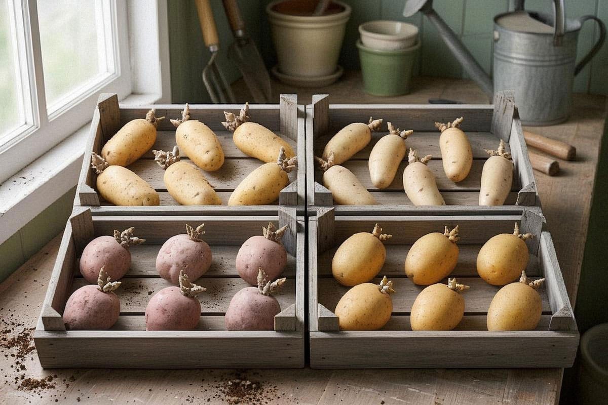 Plusieurs cagettes étiquetées ‘Charlotte’, ‘Amandine’, ‘Bintje’ et ‘Monalisa’, avec tubercules germés prêts à planter, exposées dans un abri de jardin lumineux