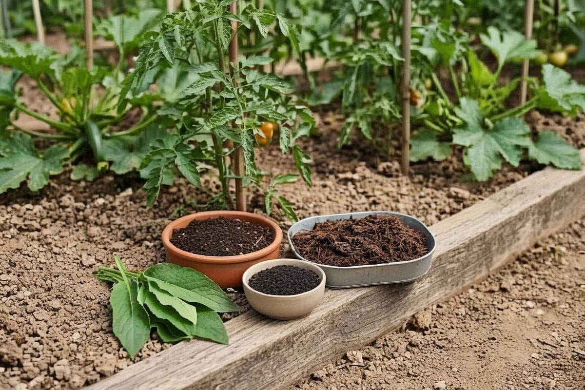 Plusieurs engrais naturels présentés dans de petits contenants avec compost brun, lombricompost fin, fumier composté et feuilles de consoude, installés directement au bord d’un potager