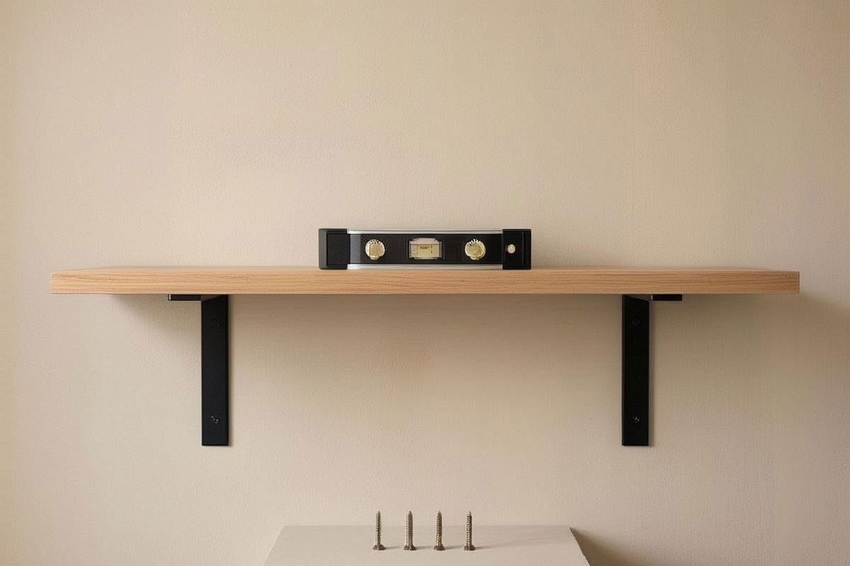 Pose d’une tablette en bois sur deux équerres déjà fixées, avec niveau à bulle placé sur la planche et vis courtes prêtes à être installées par dessous