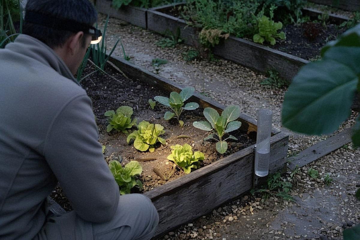 Potager après une pluie avec pluviomètre indiquant environ quinze millimètres, jardinier inspectant les jeunes plants à la lampe frontale au début de la nuit