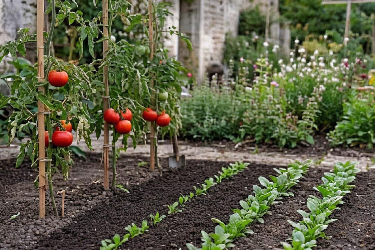 Potager d’août où cohabitent tomates mûres, rang fraîchement semé de mâche et jeunes épinards, illustrant le passage progressif des cultures estivales aux légumes d’automne
